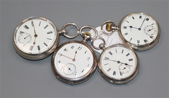 A Victorian silver open face keywind fusee pocket watch and three others including J. Broadwood & Co and Waltham.